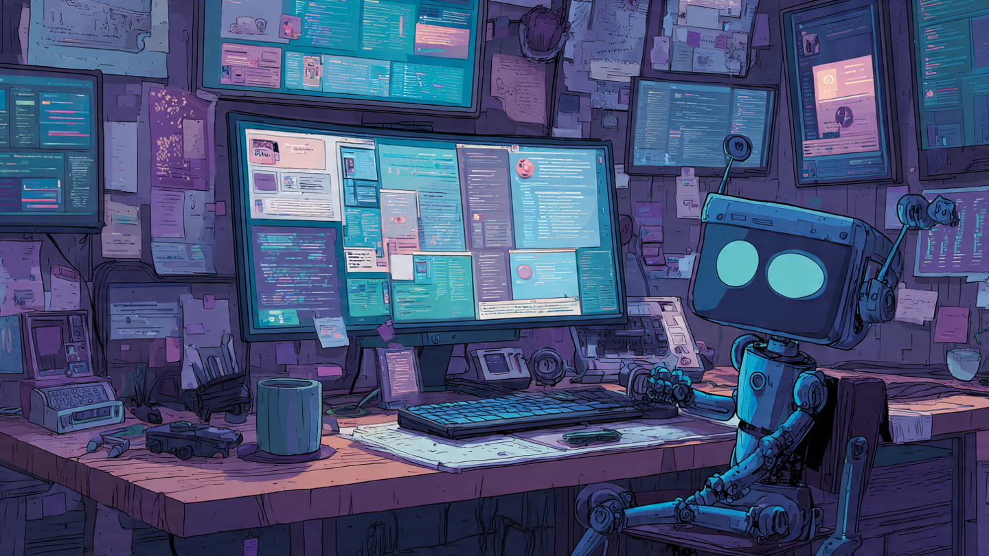 Friendly robot assistant working at a desk surrounded by tools and screens