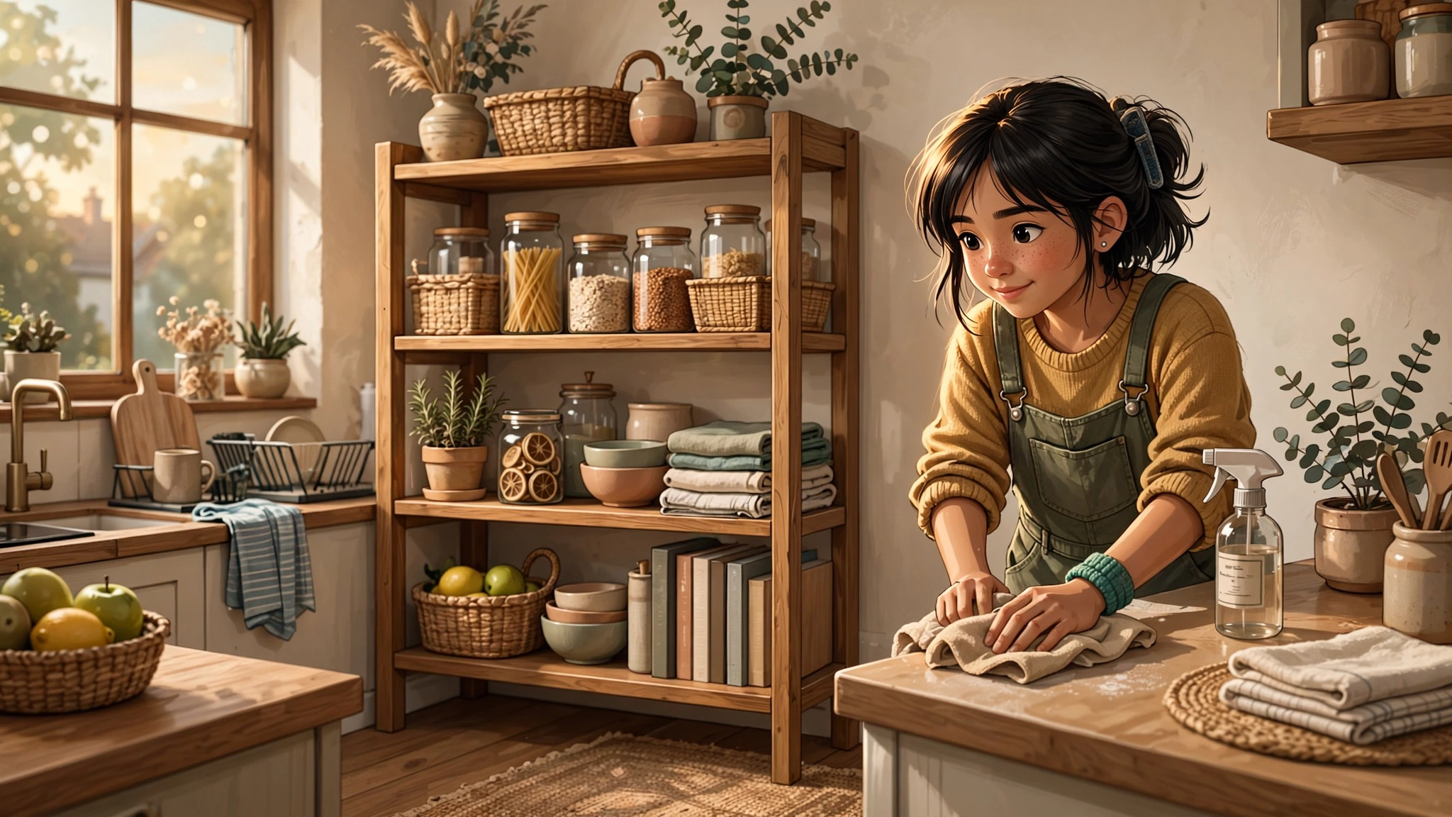 A kid doing chores at home