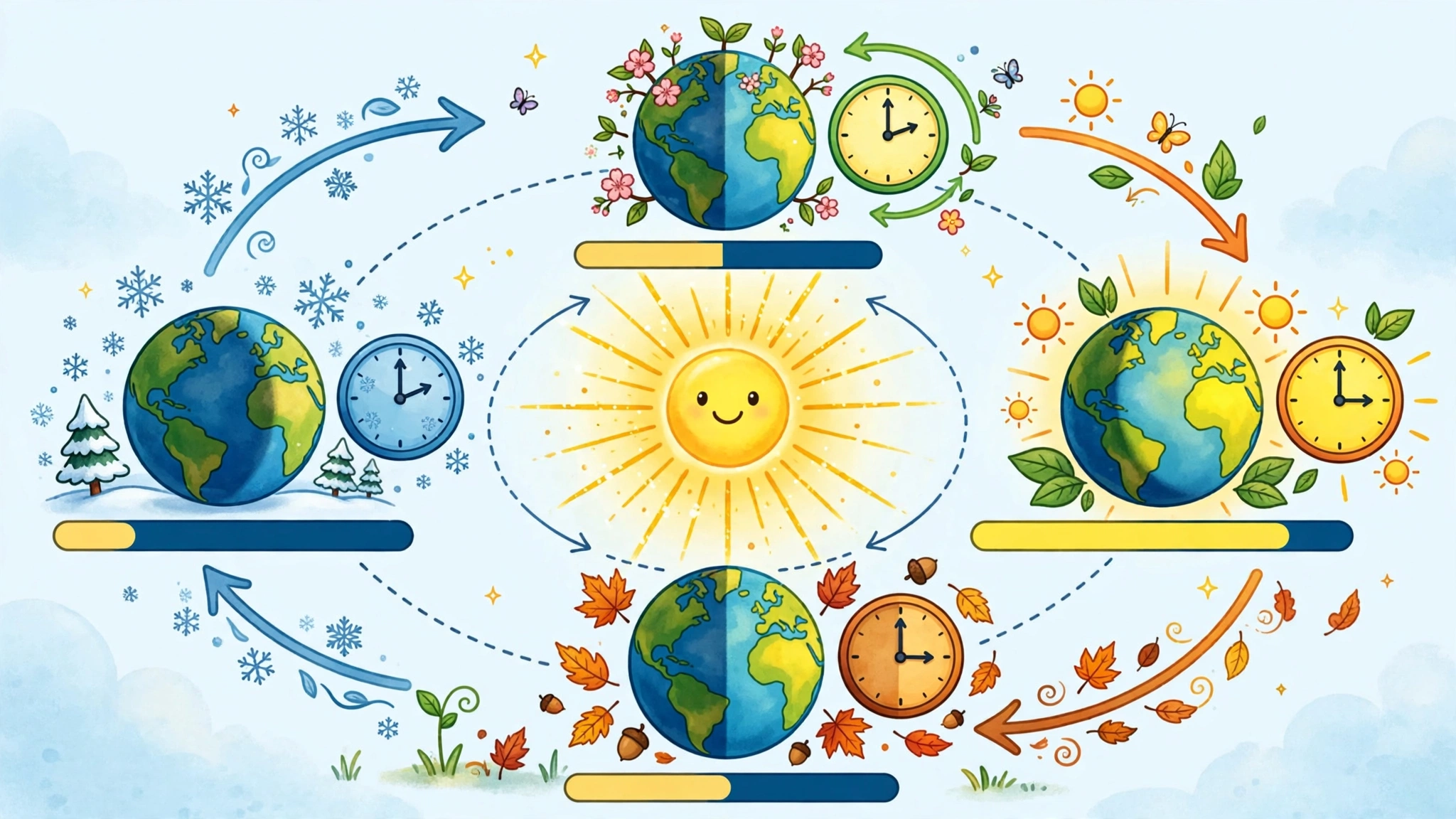 Clocks and calendars illustrating daylight saving time with spring and fall scenes