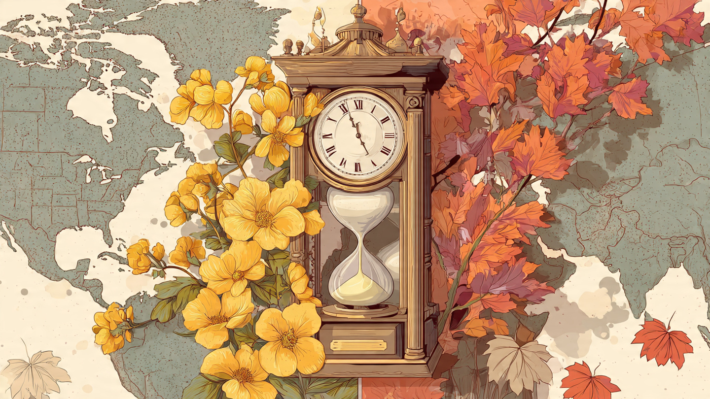 Clocks and calendars illustrating daylight saving time with spring and fall scenes