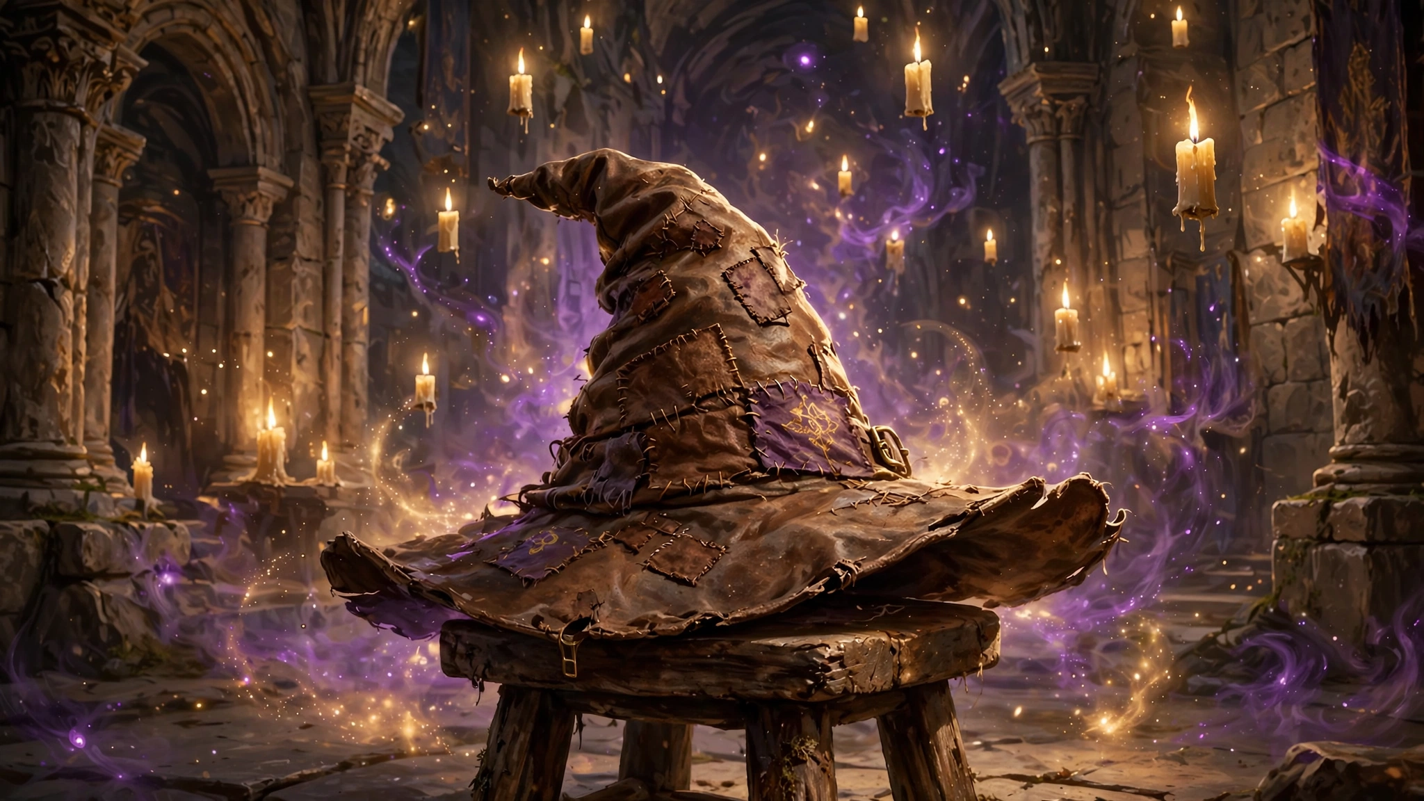 The Sorting Hat sitting on a stool in the Great Hall